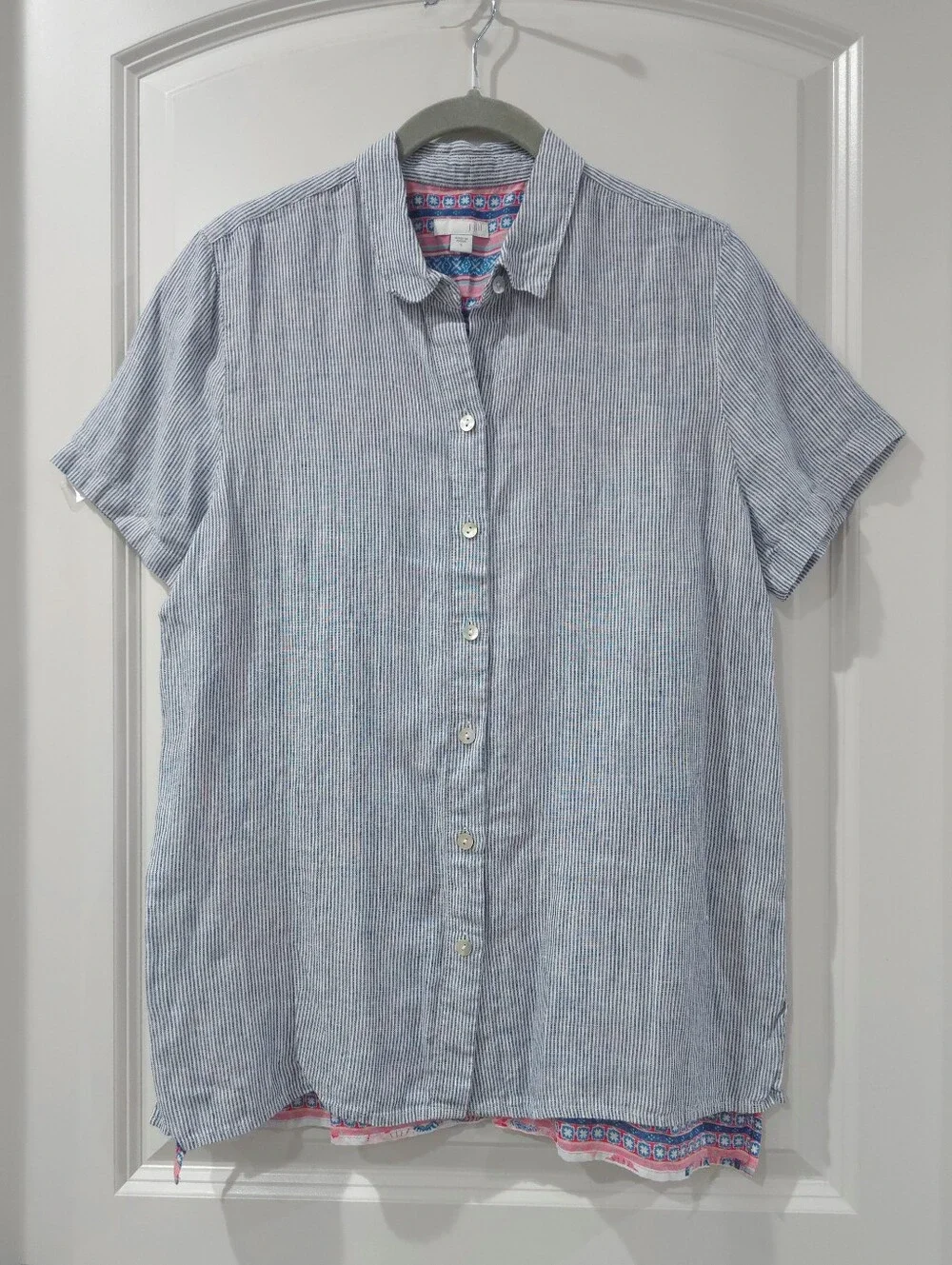 J.Jill Coastal Linen Striped Button Front Shirt with Printed Back Detail